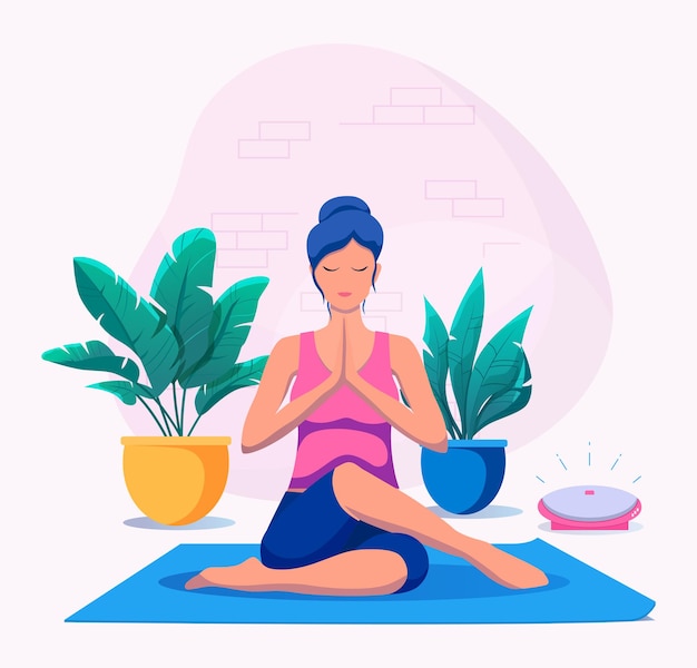 Woman doing yoga at home vector illustration. Healthy lifestyle.