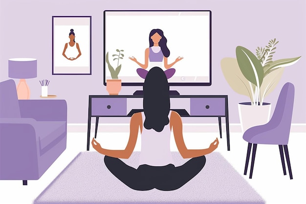 Vector woman doing yoga in living room