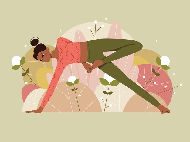 Vector woman doing yoga pose on nature background with leaves concept illustration for yoga pilates