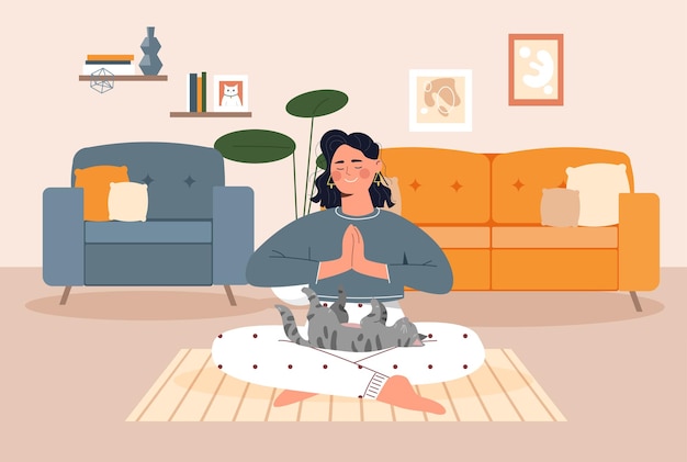 Woman doing yoga with cat Young girl sitting in lotus position with pet Owner with domestic animal indoor Active lifestyle and sport Rest and relax meditation Cartoon flat vector illustration