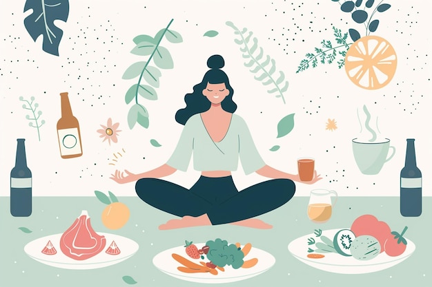 Vector woman doing yoga with food on plates