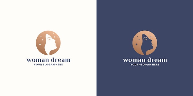 Woman dream logo design inspiration with golden color and stars on the moon