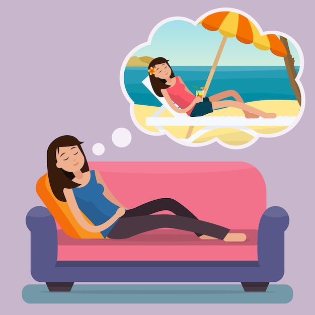 Woman dreaming about summer vacation on sofa Relaxed girl on couch sleeping with thinking bubble