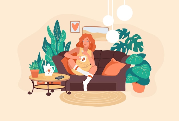 Woman drink coffee Girl resting on sofa alone Young female holding mug with hot beverage Cute character sitting on couch at home Comfortable room interior Vector leisure pastime