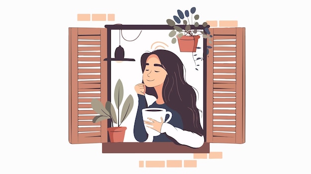 Vector a woman drinking coffee from a window