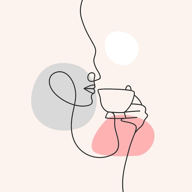 Woman drinking coffee in line art style