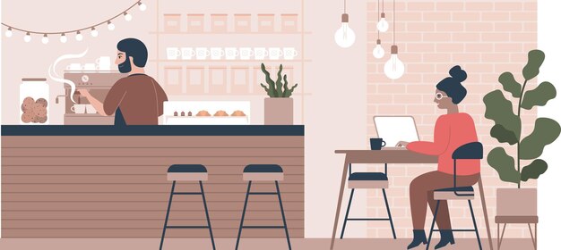 Vector woman drinking coffee and working in modern coffeehouse coworking loft office with cafe