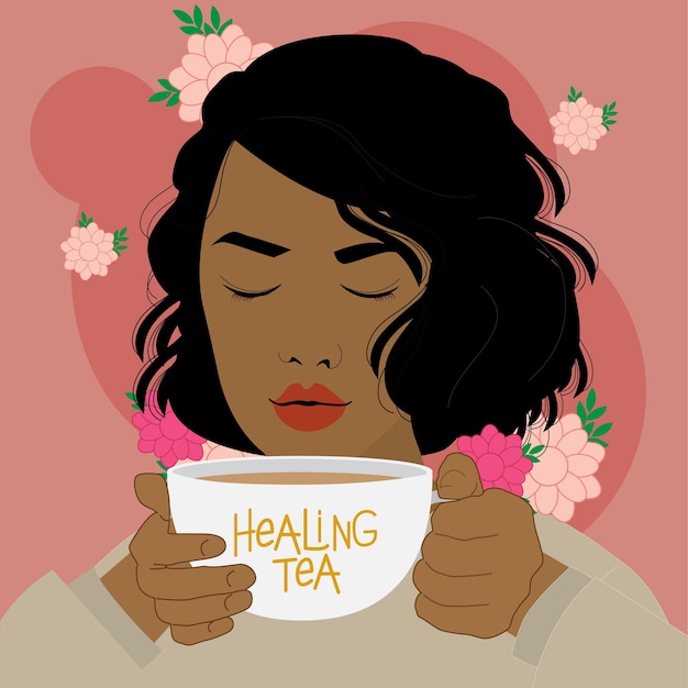 A woman drinking a cup of tea with the word healing tea on it.