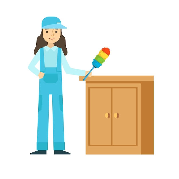 Woman Dusting The Furniture Cleaning Service Professional Cleaner In Uniform In The Household