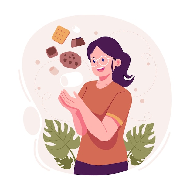 Woman eating chocolate and cookies illustration