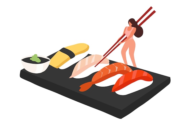 Woman eating delicious Japanese sushi food Sushi Asian food concept