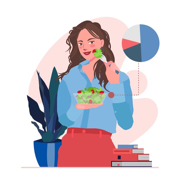 Vector woman eating healthy food salad vegetable diet in flat illustration