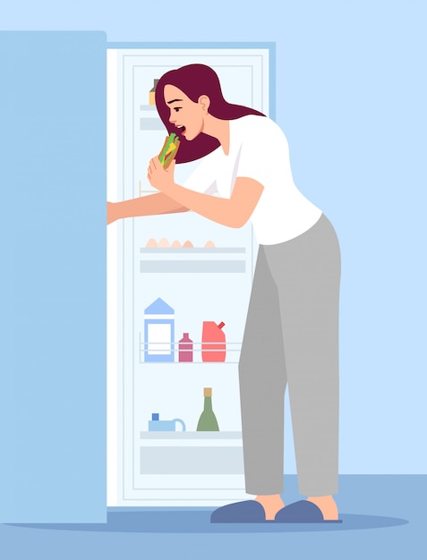 Woman eating sandwich semi  RGB color  illustration