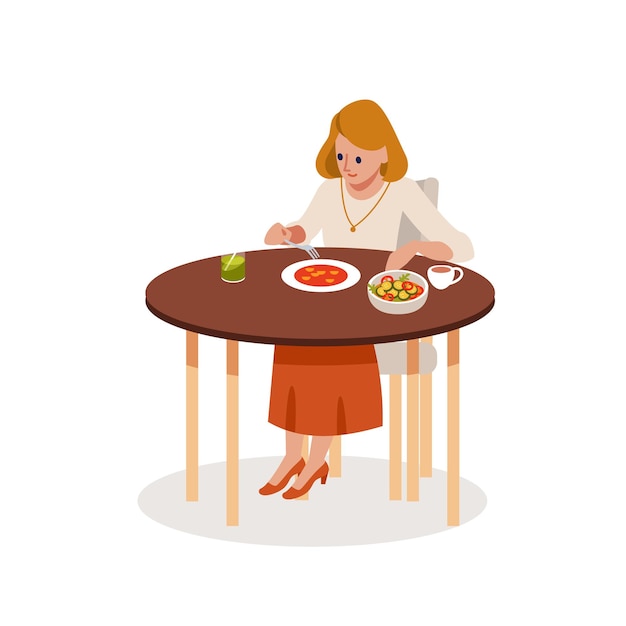 Woman eating at the table Isolated on white background Vector illustration of flat cartoon style