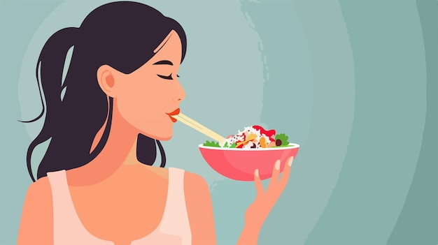 Vector woman eating tasty rice poke bowl on color background