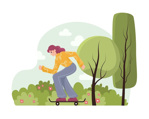 Woman on eco transport Young female standing on skateboard and ride forward in park Sport and activity concept Environmental protection concept Flat vector illustration in green colors