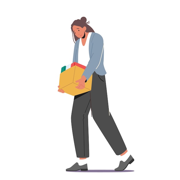 Woman Employee Fired From Job Sad Girl with Box Walking Isolated on White Background Manager or Clerk Firing Dismissal from Office Unemployment Problem Concept Cartoon Vector Illustration