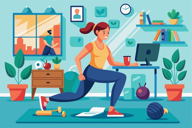 A woman engages in a fitness routine at home using customized equipment in a lively workspace Training at home Customizable Semi Flat Illustration