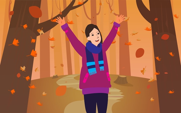 A Woman Enjoy Autumn Season in the middle of Woods or Parks