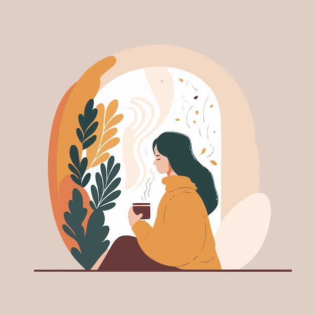 Woman enjoy drink cup of coffee or tea Hygge concept vector flat illustration