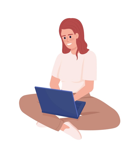 Woman enjoying freelancing semi flat color vector character