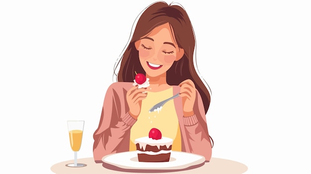 Vector woman enjoying sugar dessert in glass tasting with a spoon