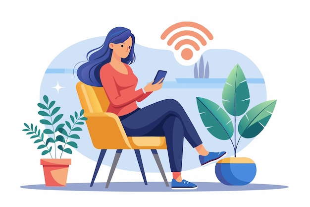 Vector a woman enjoys browsing her phone while connected to wifi seated comfortably at home with plants nearby woman sitting on phone with wifi icon on screen