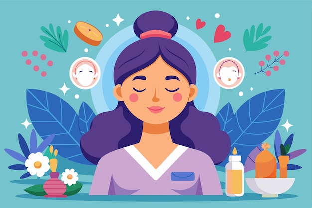 Vector a woman enjoys a facial massage surrounded by plants and skincare products in a tranquil setting customizable flat illustration of facial massage