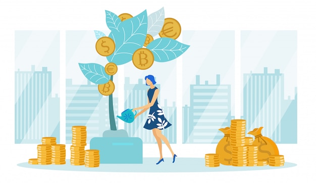 Woman Entrepreneur Watering Money Tree, Finance.