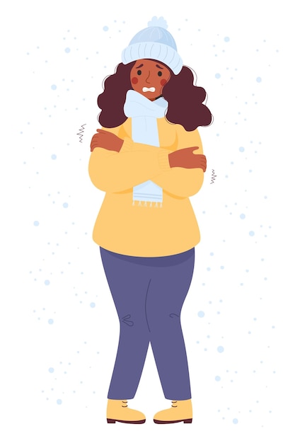 Woman ethnic black freezing wearing winter clothes shivering under snow