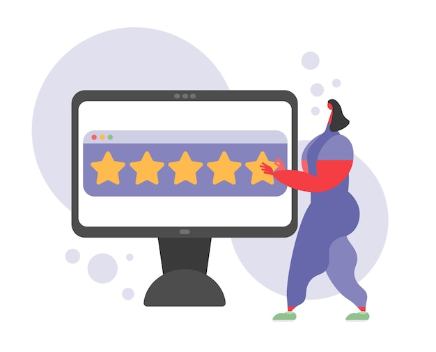 Woman evaluating website with five stars and computer screen Concept of customer feedback score