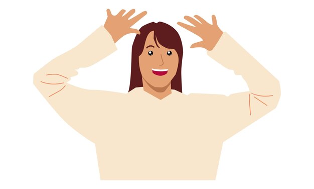 Woman excited hold hands up raised arms