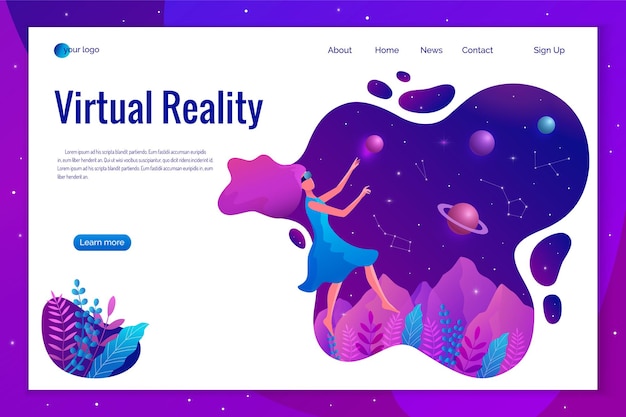 Woman experiencing virtual reality wearing vr goggles illustration. Floating girl in space.