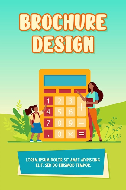 Woman explaining girl how to use calculator. Digit, teacher, child flat vector illustration