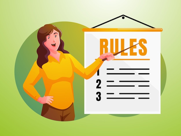 a woman explains a list of rule guidelines