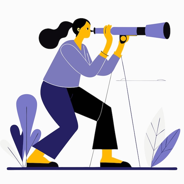 Vector woman explores the horizon with a telescope