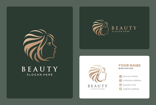 Woman face, beauty salon, hairdresser logo design with business card template.