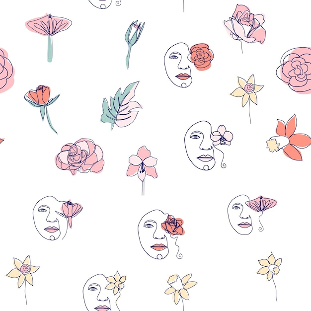 Vector woman face continuous line seamless pattern abstract female portrait with flowers drawing vector wallpaper