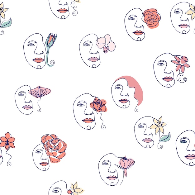 Woman face Continuous line seamless pattern Abstract Female portrait with flowers Drawing vector Wallpaper