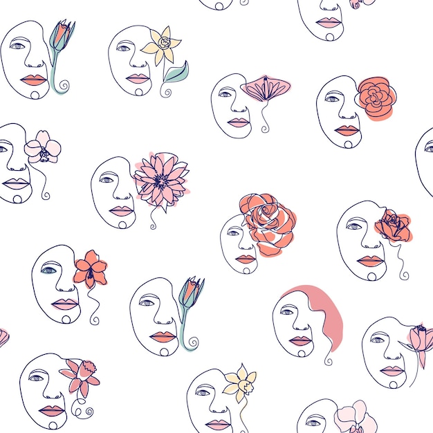 Woman face Continuous line seamless pattern Abstract Female portrait with flowers Drawing vector Wallpaper