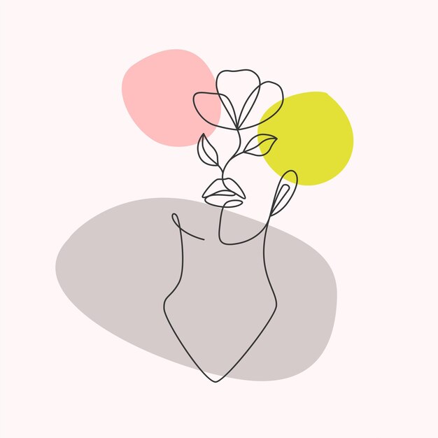 Woman face and flowers in minimal line art style