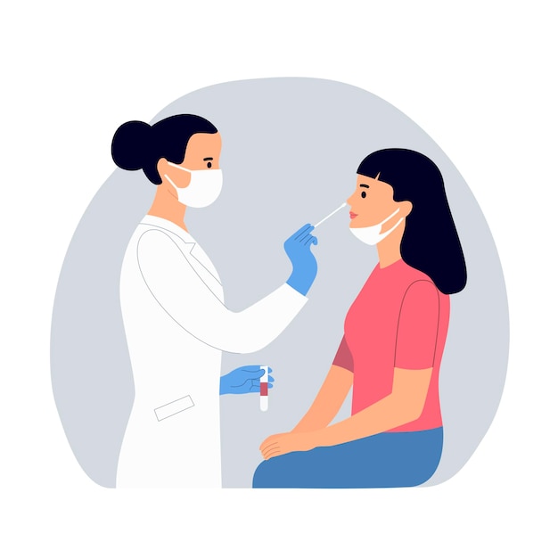 Woman in face mask tested the coronavirus by pcr test from the patient Vector flat   illustration