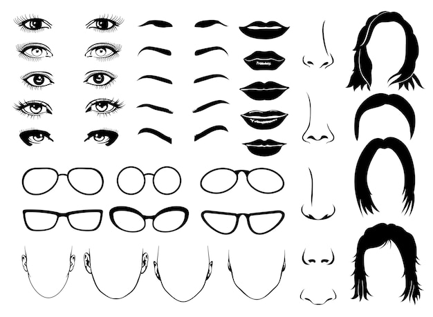 Woman face parts, eye, glasses, lips and hair. Vector female elements for constructor portrait illus