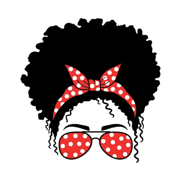 Woman face with aviator glasses bandana and polka dots Afro Women Messy Bun Mom