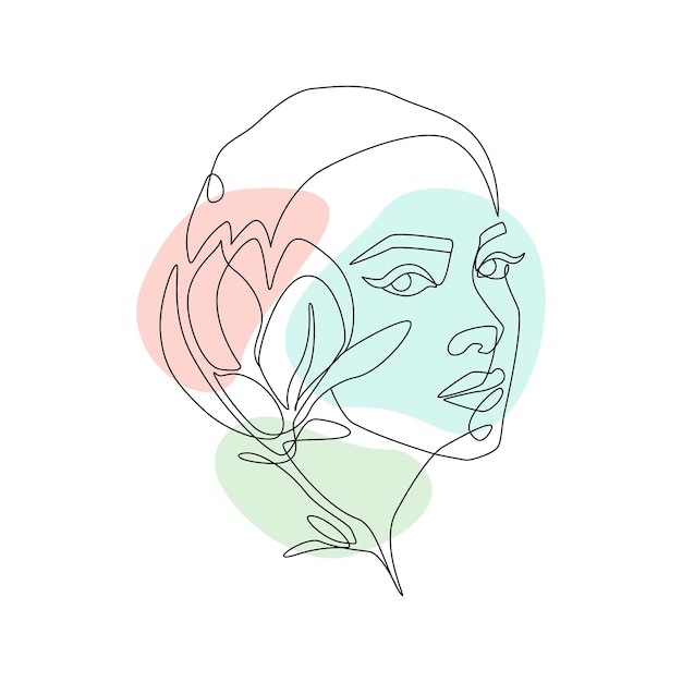 Woman face with flower in one continuous line drawing Abstract female portrait in simple linear style with magnolia floral motif Vector illustration with colours freeform for logo and wall art