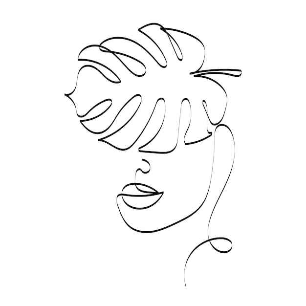 Woman face with monstera leaves One Line drawing art Minimalist style Vector illustration