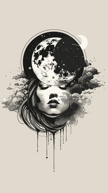 Vector woman face with moon and smoke hand drawn illustration vector