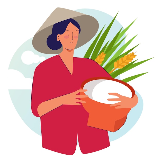 Woman farmer holding basket wearing cap in rice padi field harvesting Traditional farming organic nature