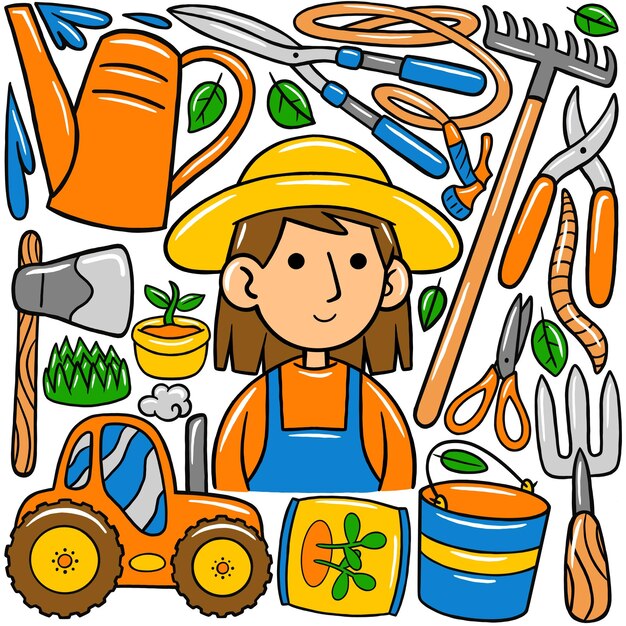 Vector woman farmer kawaii doodle vector illustration