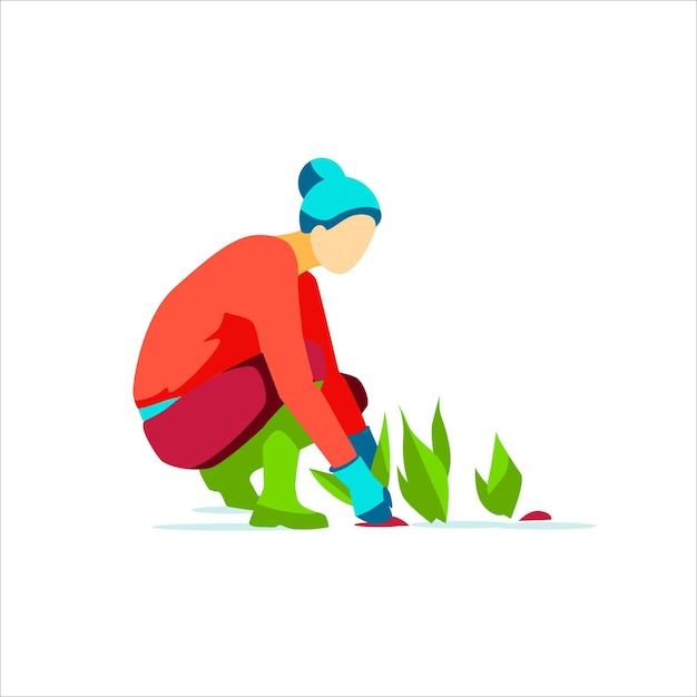 Woman farmer planting seedlings Agricultural worker taking care of plants in garden Eco farming and agriculture concept flat vector illustration isolated on white background